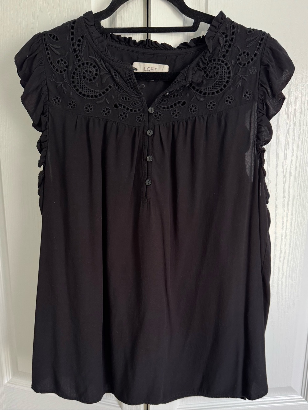 LOFT Black Eyelet Ruffle Cap-Sleeve Blouse